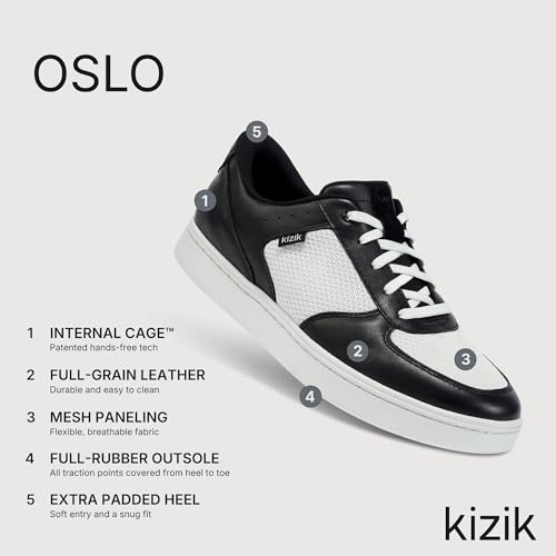 Image of Kizik Hands Free Shoes for Men: Oslo - Durable Full Grain Leather, Breathable Mesh, Easy to Clean, Convenient Everyday Slip on Sneakers for Walking - Black /White M4.5