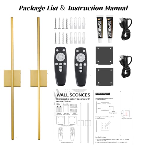 Image of 40 Inch Wireless Wall Sconces Set of 2, Rechargeable Battery Operated Wall Sconce With Remote & Touch, 8000mah, 3 Color Modes, Magnetic, 360 Rotate, for Bedroom, Living Room, Hallway Decor, Gold