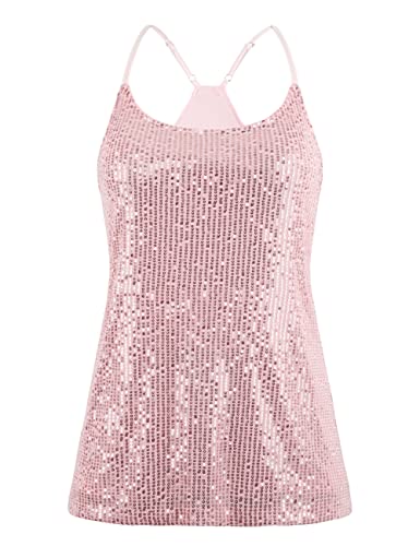 Kayamiya Women's Sleeveless Sparkle Shimmer Camisole Vest Sequin Tank Tops Pink L #TOP4