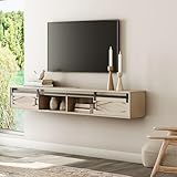 WAMPAT Floating TV Stand for TVs up to 80 Inch, Wood Entertainment Center with Charging Station, Sliding Barn Door Floating TV Shelf for Living Room,Oak