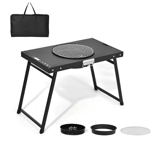Barbacoa De Carbón - Parrilla Y Mesa 2 En 1 - Barbacoa Portatil Superficie De La Parrilla De Ø 57 Cm con Patas Plegables para Barbacoas En Balcones Y Jardines(A)
