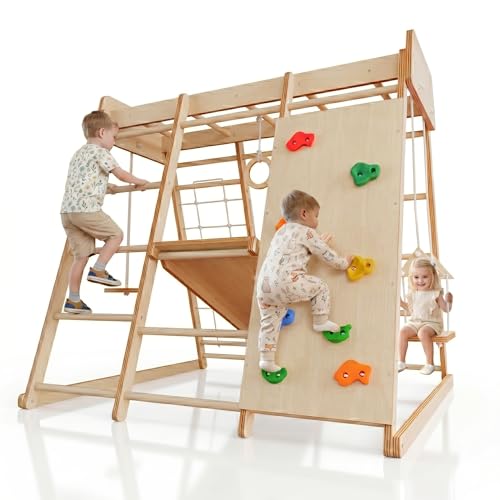 LINKHOO Large Wooden Indoor Jungle Gym for Kids Ages 2-6 Montessori Climber Playset w/Slide Climbing Net Monkey Bars Swing- Indoor Playground Birthday Gift