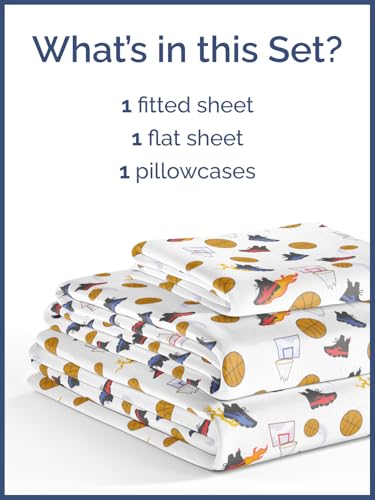 Image of Kids Twin Size Basketball Bed Sheets - 3 Piece Kids Basketball Sheet Set | Basketball Themed Bedding, Ultra-Soft, Cute & Cozy, Breathable & Machine Washable, Bed Set for Boys, Girls & Teens & Cooling