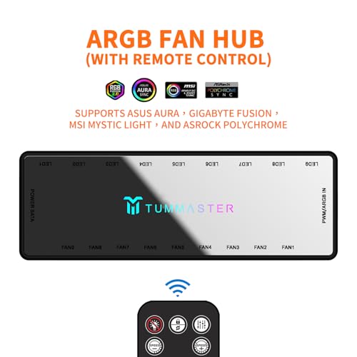 Image of Y-09,ARGB Fan HUB, 9-Port 4 Pin PC Fan Controller, 5V-3Pin ARGB Fan Hub, Magnetic Suction, SATA Power Input,RF Remote ,Controller Support 9 ARGB PWM Fans Splitter,LED Light, Black