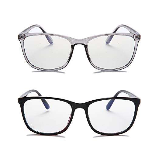 Blue Light Blocking Glasses Women Men,Computer Bluelight Blocker Glasses,Non Prescription Blue Light Filter Glasses 2 Pairs(Clear Grey+Black)