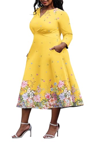 Image of Nmoder Women's Plus Size Stretchy Flared Wrap Dress Casual Wedding Guest Midi Dresses V Neck 3 /4 Sleeve A-Line Swing Dress