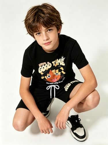 Image of Size 6-12 Years Boys Summer Outfits Set Kids Short Sleeve Top T-Shirt & Shorts Color Block Clothing Sets