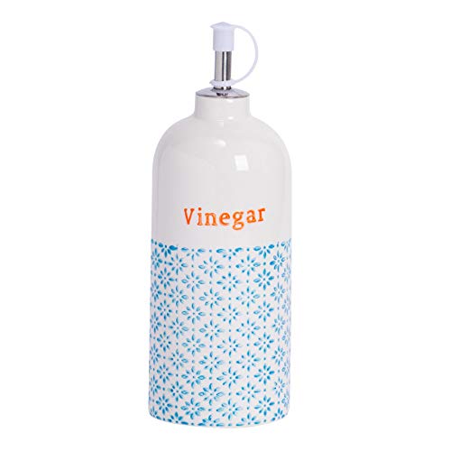 Nicola Spring Vinegar Bottle - 500ml - Dishwasher Safe Porcelain Kitchen Hand Printed Blue Vinegar Dispenser Cruet with Chrome Pourer Spout for Kitchens, Restaurants, Dining