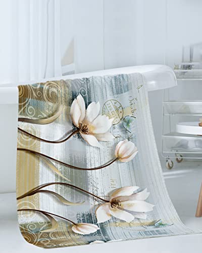 Elegant Tulip Floral Towel Sets For Bathroom,Microfiber Bath Kitchen Beach Hair Hand Yoga Dish Towels And Washcloths,Country Rustic Flower Abstract Leaves Wooden Quick Dry Decorative Towels+Set Decor #TOP2