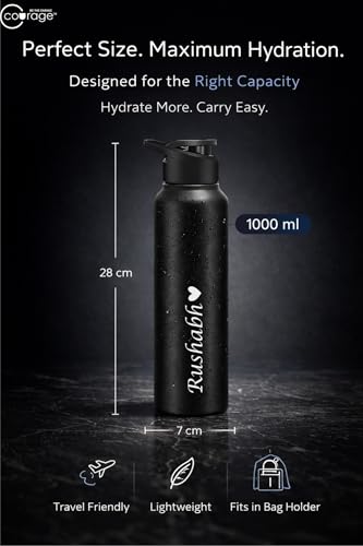 Image of COURAGE Stainless Steel Customize Sipper Water Bottle 1Liter Leak Proof for Fridge Home Office Travel School Kids Boys Girls Adults Sports Gym Yoga - Black
