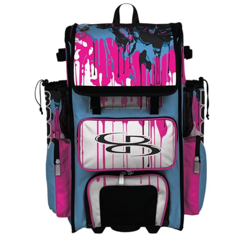Boombah Superpack Hybrid Rolling Bat Bag - Wheeled & Backpack Version - Graffiti Drip Columbia Blue/Fluorescent Pink/Black