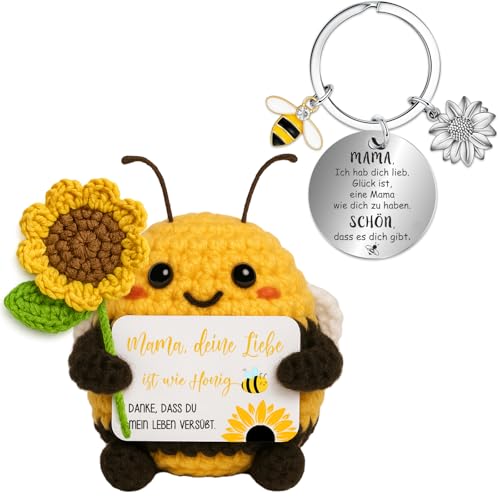 Farbeele Geschenke für Frauen & Männer, Handgehäkelte Sonnenblumen-Biene mit Glücksbringer Schlüsselanhänger, MutmacherGeschenk, Geburtstagsgeschenk für Freunde, Familie, Kollegen, Partner, Mama, Papa