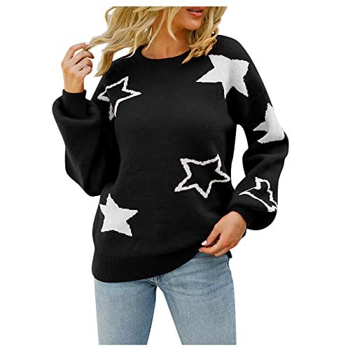 Fall Sweaters For Women 2022, Teen Girls Duster Cardigans Sweater Womencasual Print Pullover Round Neck Long Sleeve Sweater Top Women's Patchwork Casual Pullover Neck Sweater Top (S, Black) #TOP26