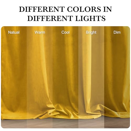Image of RYB HOME Mustard Yellow Velvet Curtains 90 inches for Bedroom Living Room | Thermal Insulated, UV Privacy Blocking, Energy Efficient, Noise Reducing, Back Tab, Guest Room Office, W 52 x L 90, 2 Panels