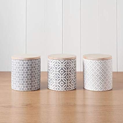 Amazing Embossed Geometric Design Tea Coffee Sugar Canisters Kitchen Storage Ceramic Jars with Bamboo Lid - Set of 3