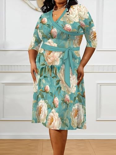 Image of PinkPatty Women's Plus Size Maxi Dress Print 3 /4 Sleeves V Neck Party Sundress Wedding Guest Dresses