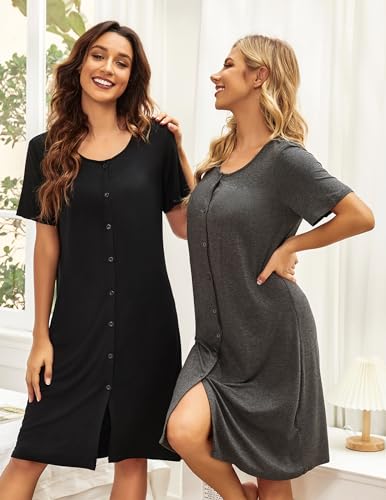 Ekouaer 3 Pack Women's Button Down Nightgowns Short Sleeve Night Shirts for Women Sleepwear V Neck Sleep Dress2