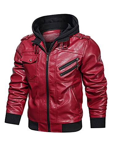 Image of HOOD CREW Men's Casual Stand Collar PU Faux Leather Zip-Up Motorcycle Bomber Jacket With a Removable Hood