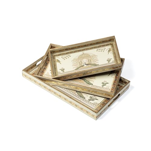 Image of DULI Set of 3 MDF Wood Enamel Coated Multipurpose Trays| Serving Tray for Home & Dining Table (16x10x2, 14x8x2 & 12x6x2 Inches) (Setof3WP-IvoryPeacock)