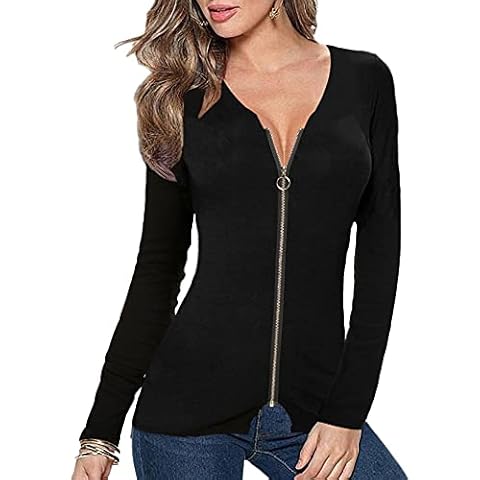 Afibi Women V Neck Zip Front Long Sleeve Casual Top Blouse Shirt (X-Large, Black) Cover