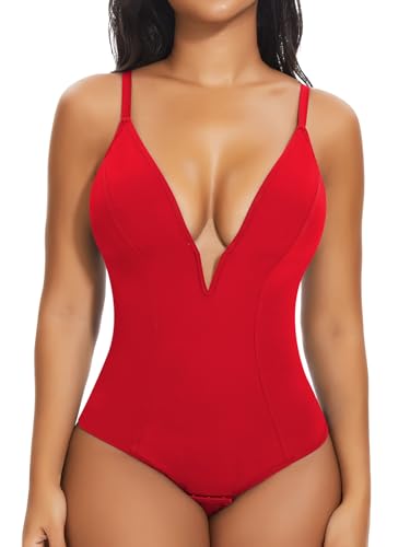 Image of SHAPERIN Bodysuit for Women Shapewear Tummy Control Deep V Neck Plunge Sleeveless Backless Thong Body Suit Tank Top