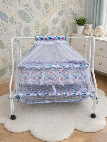 Image of Kiddery Neptune | Cradle for Baby | New Improved Mattress Design | Mosquito Protection Net | Smooth Swing | All Wheel Lock | Palna | Jhula | Uyyala| 0-10 Months | Blue