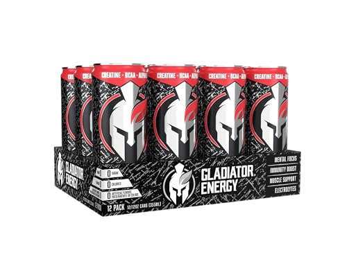 Gladiator Energy Drink, Sugar-Free, 12 Pack, Strawberry Watermelon, 12oz Cans, with Creatine, BCAA, and 250mg Caffeine