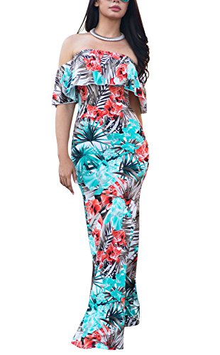 Image of Vintage Ruffle Plain Floral Printed Off Shoulder Bodycon Long Party Maxi Dress