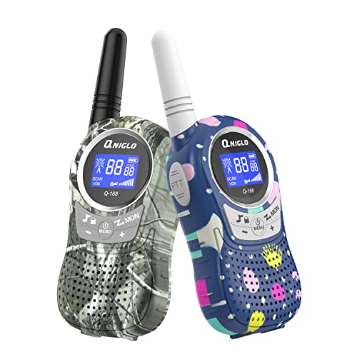 QNIGLO Q168Plus Walkie Talkie Niños Recargable,8 Canales Llamada Bidireccional 2Km Largo Alcance, Actividades al Aire Libre,Juguetes Regalos para Niños, con Baterías de Litio(Camuflaje_AzulVerde)