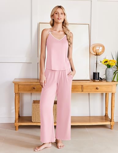Image of Ekouaer Womens Y2K Cami Pajama Set with Flare Pants, 2 Piece Lace Trim Sleepwear Spaghetti Strap Pjs Set XS-2XL