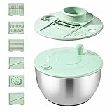 YUNYDSM 5L Salatschleuder Edelstahl, Gemüseschneider, Rührschüssel 3-in-1, mit 6 verschiedenen Ausstechern & rutschfestem Boden, Handkurbel-Design, Zum Obst und Gemüsehobel und trocknen, Küchenhelfer