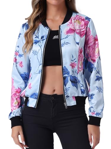 Blouson bomber femme col montant zippé imprimé floral bleu XL