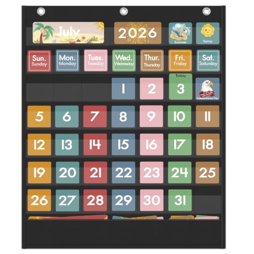 Yoink 49 Pockets Classroom Calendar Pocket Chart with 77 Cards, Daily Monthly Learning Calendar for Circle Time Weather Seasons, Preschool Kindergarten Homeschool Must Have, Teacher Supplies (Black)