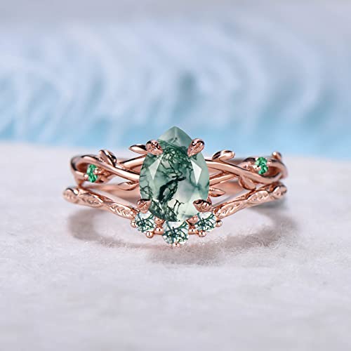 1.25Ct Nature Inspired Pear Shaped Moss Agate Ring Twig Engagement Ring Set Green Gemstone Jewelry Sterling Silver/10K/14K/18K Rose Gold Emerald Branch Vine Wedding Ring Moss Bridal Set,With Gift Box #TOP4