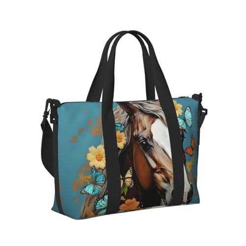 Travel Duffel Bag for Women, Large Shoulder Weekender Overnight Bag, Sport Gym Bag for Men, Carry On Tote Bags, A horse with flowers and butterflies Luggage Bag for Travel Essentials2