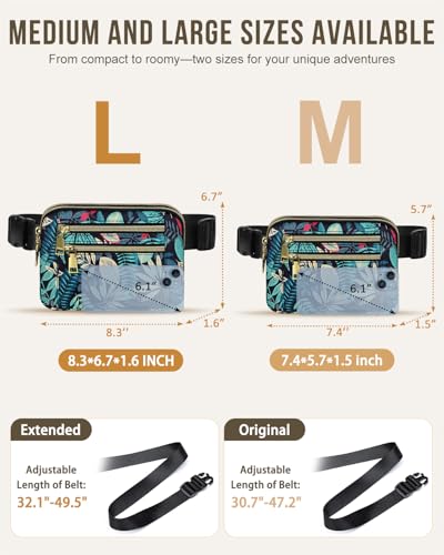 Image of Fanny Packs for Women 4 Zip Pocket Crossbody Belt Bag Waist Bags | Waterproof, Fashion Waist Pack, Crossbody Bags for Women, with Adjustable Strap, for Workout,Running,Traveling(Blue Leaves,L)