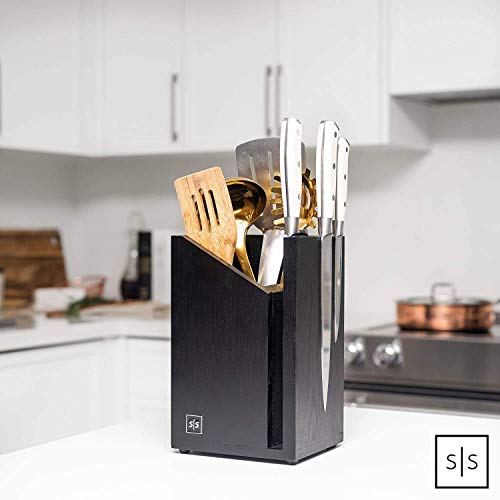 Magnetic Knife Block and Utensil Caddy, Black - Dual Purpose Design - Universal Knife Block without Knives and Black Utensil Holder