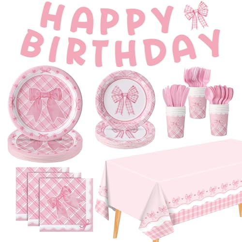 NatNarr 177 Pcs Pink Bow Birthday Party Supplies Includes Light Pink Plaids Plates and Napkins, Tablecloth, Banner, Cute Party Decoration for Girls Birthday, Baby Shower