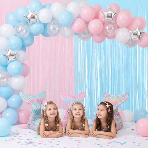 Image of TONIFUL 2Pcs Blue and Pink Metallic Tinsel Foil Fringe Curtains Streamers