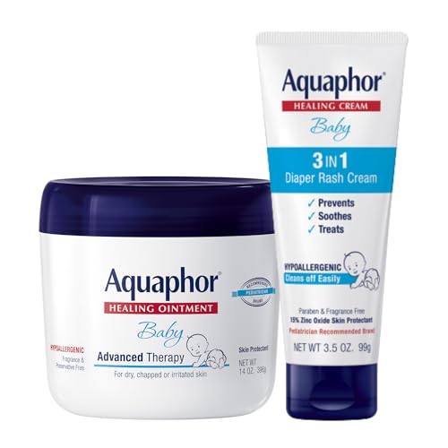 Image of Aquaphor Baby Skin Care Set, Fragrance Free, Baby Healing Ointment, Dry Skin and Diaper Rash Ointment, 14 Oz Jar + 3-in-1 Baby Diaper Rash Cream, Prevents, Soothes and Treats Diaper Rash, 3.5 Oz Tube