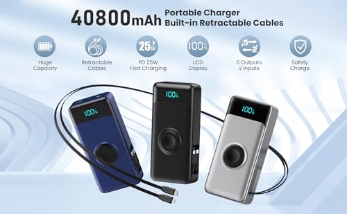 Image of 5-in-1 Portable Charger for iPhone,40800mAh Power Bank Built-in Retractable Cable and iWatch Charger,25W PD QC4.0 Fast Charging Battery Pack,Travel Essential Charger for iPhone 17 /Air /16,Android,Blue