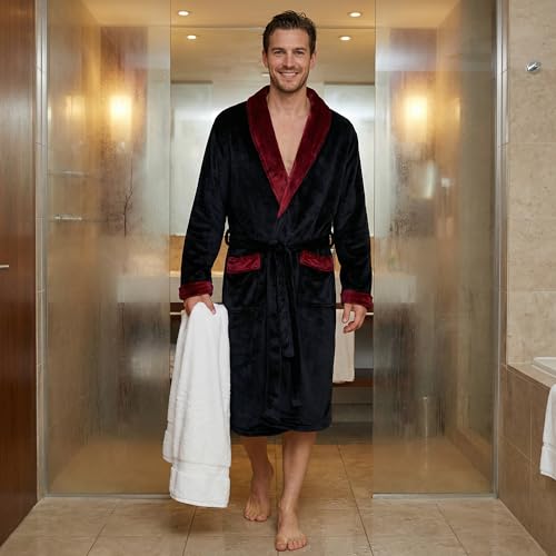 Image of U2SKIIN Mens Fleece Robe Plush Collar Shawl Bathrobe