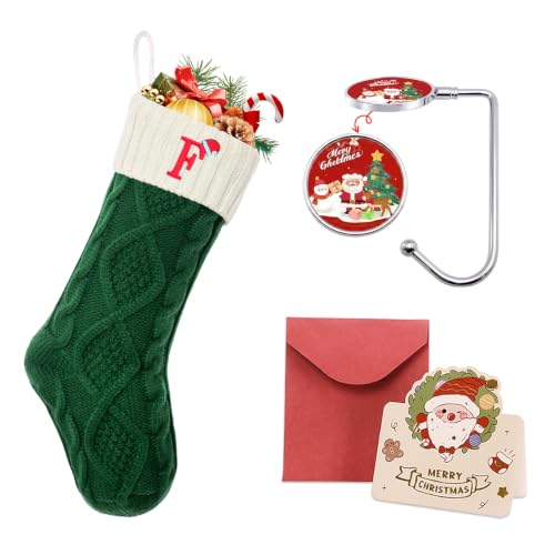 Ulico Initial Christmas Stockings, 18’’ Large Embroidered Monogram Knit Christmas Stocking,Xmas Stocking for Kids, Holiday and Family Stocking for Fireplace or Party Decoration Green-White Letter F