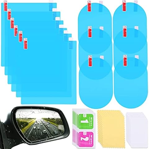 Tech-MD 12 Pieces Rainproof Anti Fog Film For Car Rearview Mirror Car Rear View Mirror & Side Windows Film Rainproof Waterproof Car Rain Film Car Window Clear Sticker with Toolkit Cover