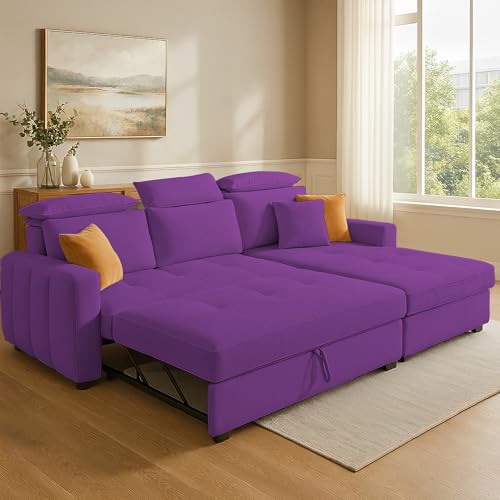 Image of Casaliving Gagnon RHS 4 Seater L Shape Corner Sofa Cum Bed for Living Room (Purple Fabric) Premium Fabric Sofa