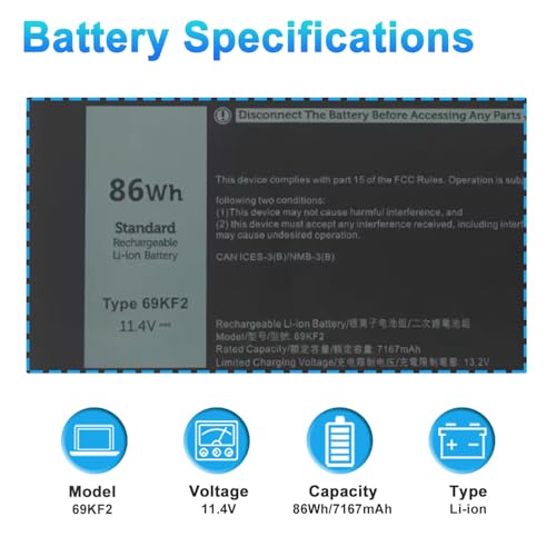 Image of 86Wh 69KF2 Laptop Battery for Dell XPS 15 9500 9510 9520 Precision 5550 5560 5570 Alienware M15 M17 R3 R4,G15 5510 5511 5515 5520 5521,G7 15 7500,Inspiron 7510 7610 P87F P91F P45E Series 8FCTC 70N2F