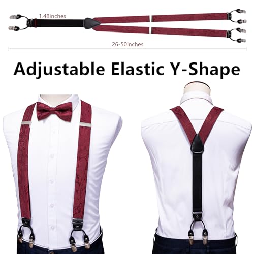 Image of YOHOWA Men Suspenders 6 Clips Strength Adjustable Y Braces Pre-Tied Bow Tie Set Formal Wedding Party