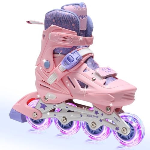 OLYSPM Inliner Kinder Rosa-Violett,Inlineskates Kinder 4 Verstellbar mit 8 Leuchtenden LED...