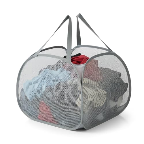 Kimmama Grand panier à linge en maille pliable,panier à linge pliable avec poche latérale,bac de rangement amovible avec poignée pour buanderie,dortoir...