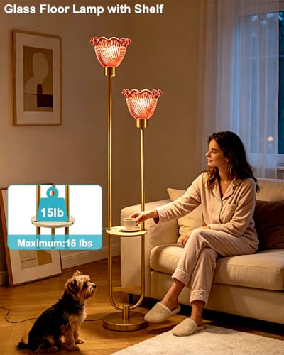 Image of Lightdot 2-Lights Modern Glass Floor Lamp with Table Gold Standing Tall Lamps with Pomegranate Red Glass Shade, LED Floor Lamp with Foot Switch for Living Room Bedroom Home Decor (Bulbs Included)